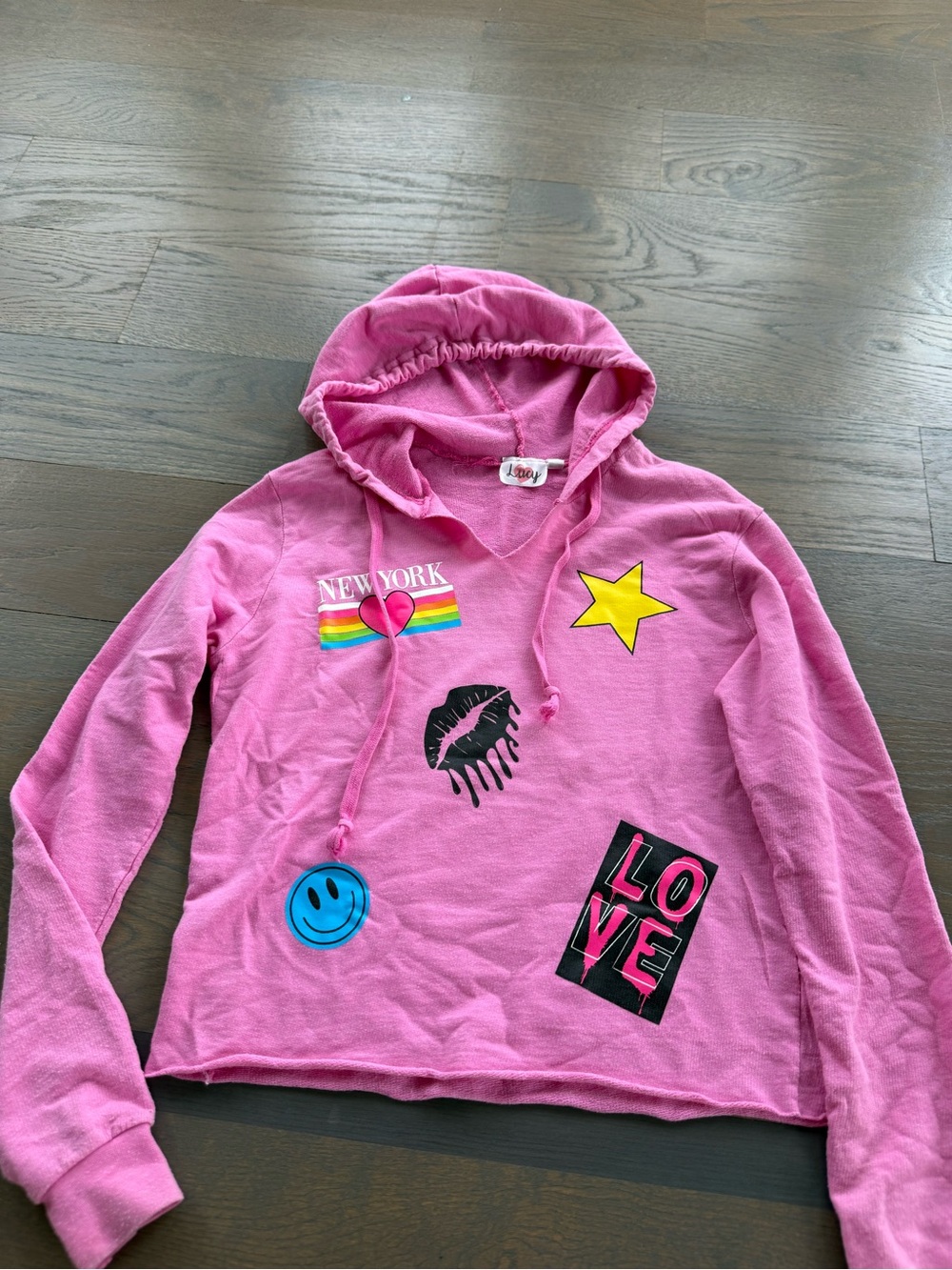 Lucy Pink Graphic Hoodie with Colorful Patches